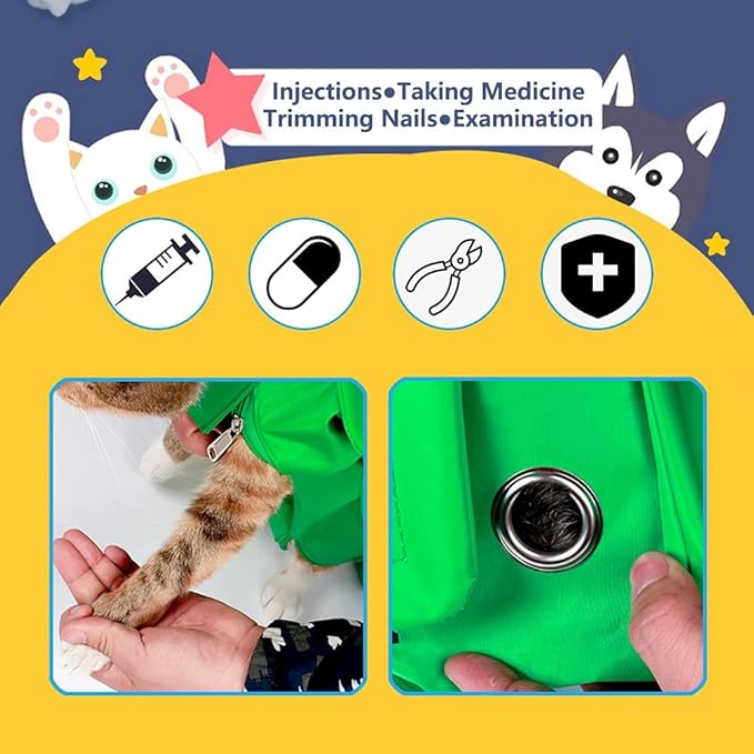 Kukaster Pet Cat’s Restraint Bag for Claw Care Nail Trimming Anti-Scratching Grooming Bag for Cats Medical Examination(Green-m)