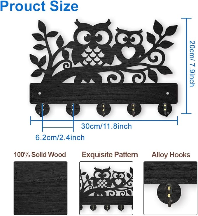 MAYJOYDIY Wood Owl Tree Branch Key Hook,11.8×7.9inch Cute Animal Key Holder for Wall Wild Animal Wall Hook Decorative 5 Alloy Hooks for Gift Entryway Room Farmhouse Cabin