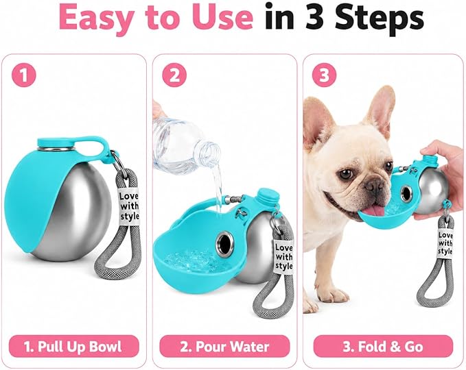 Portable Dog Water Bottle, 10 oz Stainless Steel Pet Travel Dispenser with Silicone Foldable Bowl, Leak Proof Tumbler, Dog Walking Accessories for Hiking and Small Pets (Blue)