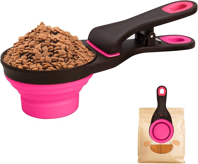 PNEUICALLY Collapsible Silicone Dog Food Scoop Foldable Pet Food Measuring Cup with Bag Clip 3 in 1 Multi-Function Silicone Dog Food Scooper (Rose Red, Small)