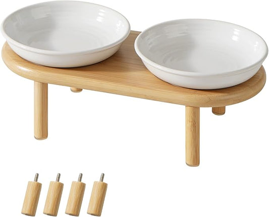Elevated Ceramic Cat Dish, Wide Whisker Friendly Anti-Slip Food & Water Bowl with 2 Heights Adjustable Stand - Pet Bowl Set for Cats (2 Dishes +Stand, White)