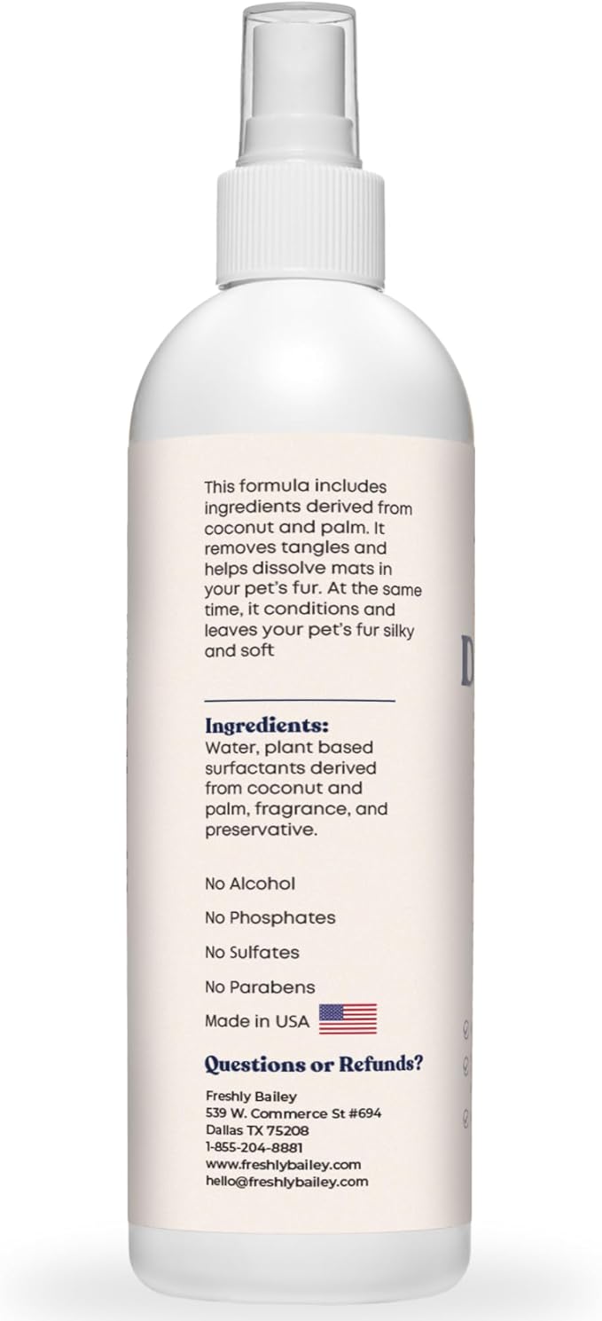 Freshly Bailey Cat Detangler Spray - Pet Detangling Spray for Cats - Natural Detangler & Leave in Conditioner Spray for Your Cat - Remove Tangles & Condition Pet's Coat 16 Fl Oz