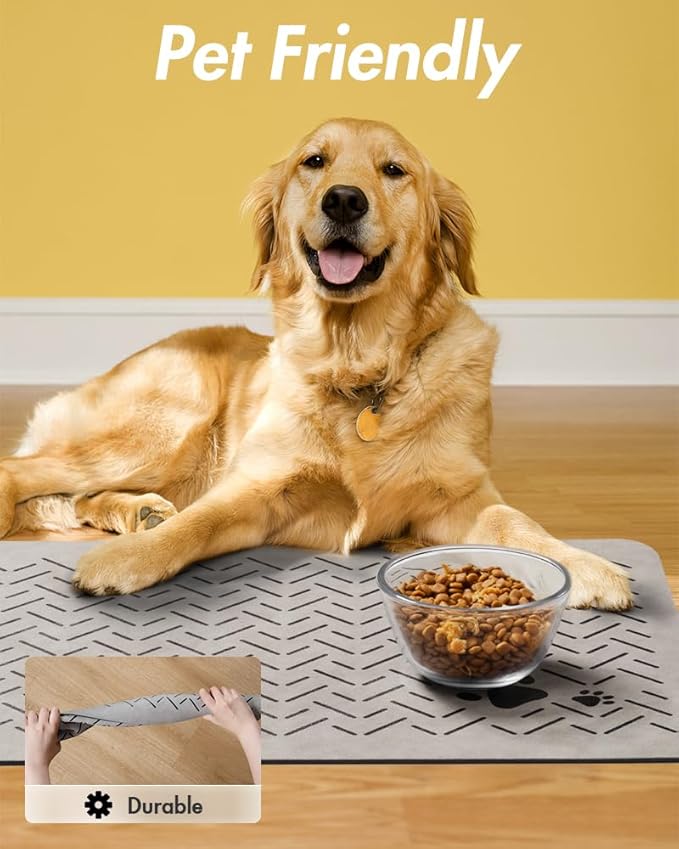 MontVoo-Absorbent Pet Feeding Mat-No Stains Quick Dry Dog Mat for Food and Water Bowl-Rubber Backing Dispenser Mat Accessories Supplies-Dog Bowl Messy Drinkers,(Light Grey,16"x24")