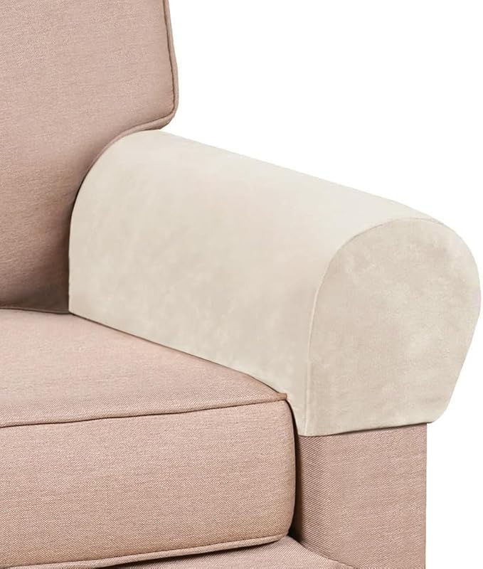 Soft Sofa Armrest Covers, Skin-Friendly Stretch Polyester Armrest Covers, Comfortable Scratch Resistant Sofa Armrest Cover for Square Armrest/Curved Armrest/Reclining Armrest, One Pair,Ivory