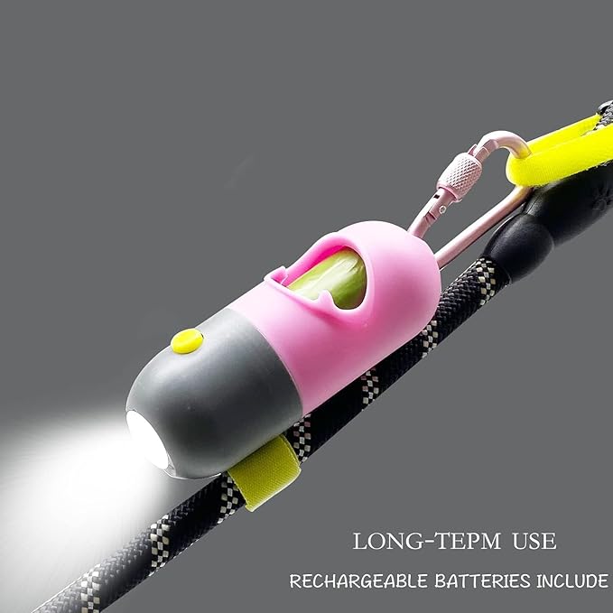 Morn Light 2 Pack Poop Bag Holder with Flashlight Waste Bag Dispenser for Leash with Clip and Battery Poop Bag Dispenser with Green Scented Poop Bags for Dog Walking(Pink,2 Dispenser 60 Bags)