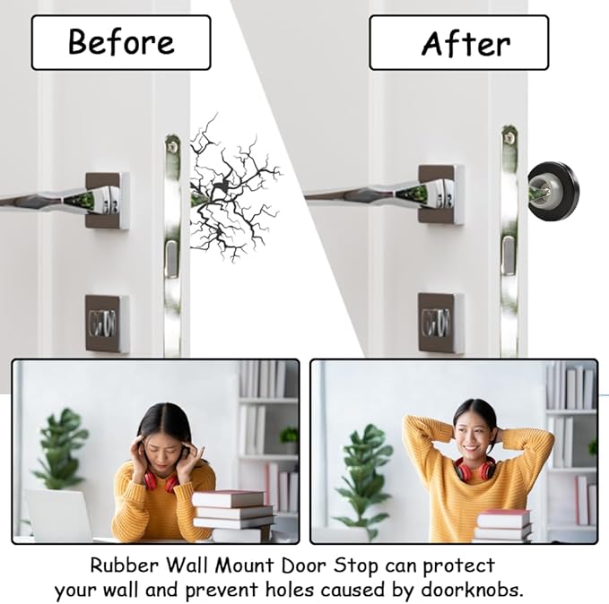 6pcs Concave Wall Door Bumper Stop Rubber Wall Mount Door stoppers Silver Stainless Round Door Knb Stop Protector Prevent Door Handle Damage Shield Walls, Easy to Install (Black)