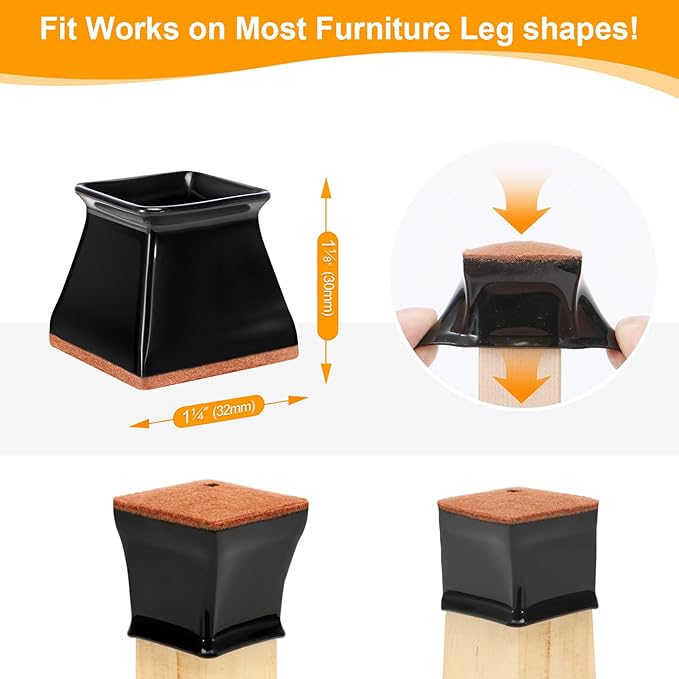 CHUNZEXI 16 Pack Square Chair Leg Floor Protectors for Hardwood Floors, Silicone Felt Covers Pads Caps, Protect Wood Furniture Feet Floors Noise Reduce and Scratch (Square Small & Black)