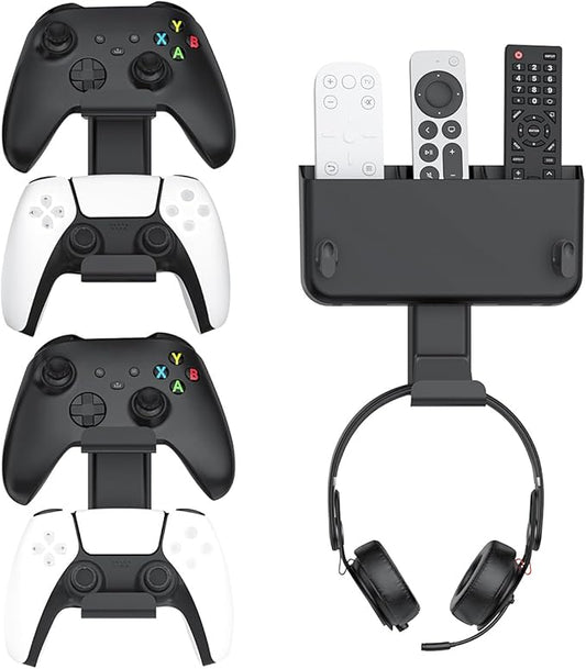 Controller & Headset & Remote Holder Wall Mount with No Drill, 2 Packs Gaming 4 Controllers Hanger Hook Mount for PS5/PS4/XBOX/Switch, Headphone Stand & Remote Control Holer Wall Shelf with Adhesives