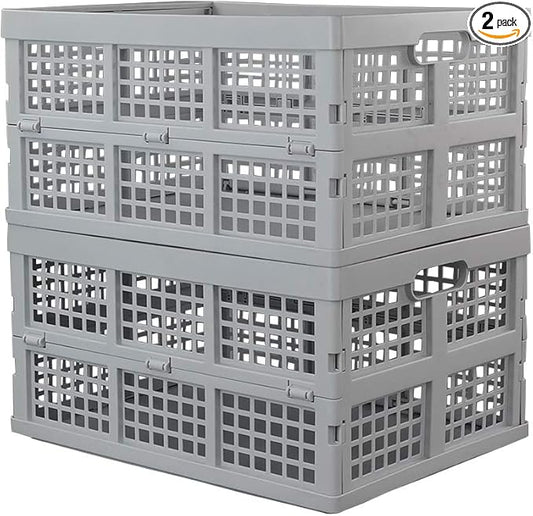 Hespapa 35 Quart Folding Crates, Plastic Collapsible Storage Container Milk Crate Baskets(Grey, 2 Pack)