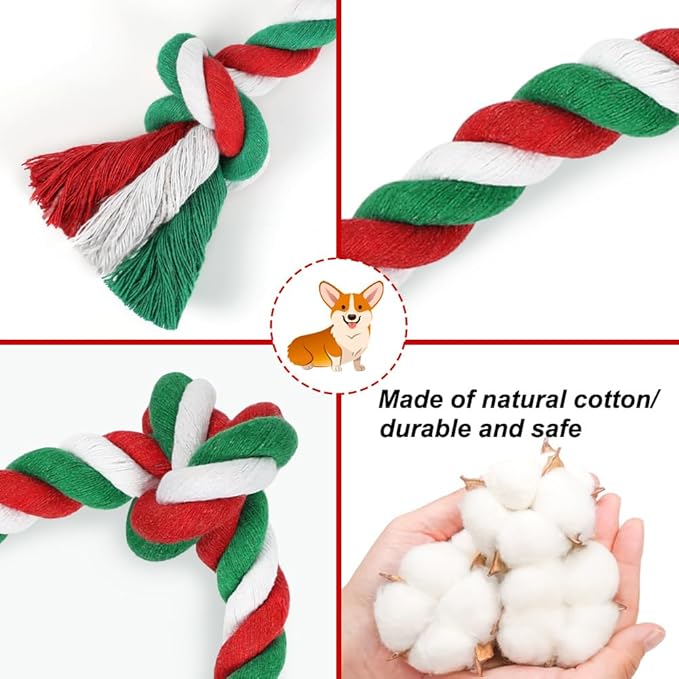 SZEE Dog Rope Toy, 14 in 3 Knots Christmas Dog Chew Toys for Medium and Small Dogs, Natural Cotton Pull Toy for Tug of War and Teeth Cleaning (Red & Green)