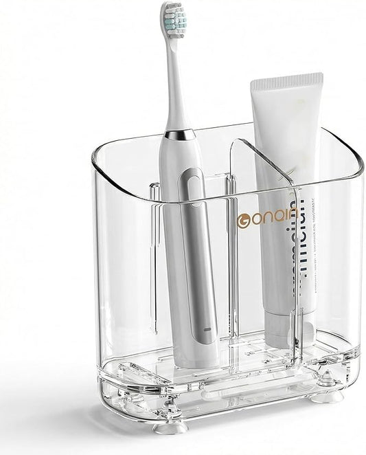 Acrylic Electric Toothbrush Holder with Detachable Base, 2 Slots Wall-Mounted Bathroom Storage Caddy, Clear Makeup Brush Organizer with Removable Divider for Toothpaste, Razors, Kitchen & Office Desk