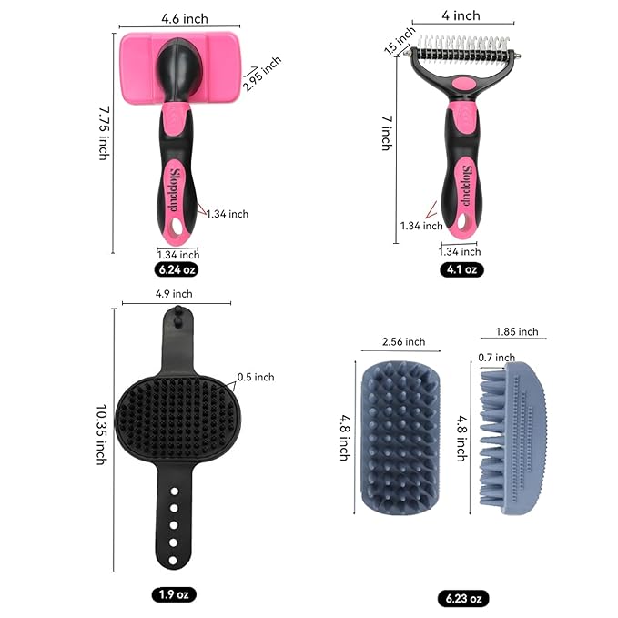 PETIMP STORE Dog Brush Kit for Grooming Short & Long Haired Dogs & Cats, 4-in-1 Pet Grooming Set with Self-Cleaning Slicker Brush, Deshedding Tool, Shampoo Bath Comb, Massge Comb (Pink Black)