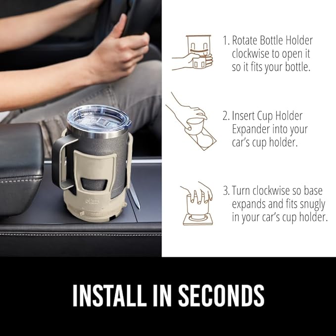 GORILLA GRIP Patent Pending Car Cup Holder Expander, Keeps Large Drink Cups Secure, Expands Fits Yeti, HydroFlask, Stanley 18 to 48oz Large Water Bottles, Coffee Mug, Adjustable Arms Insert, Tan