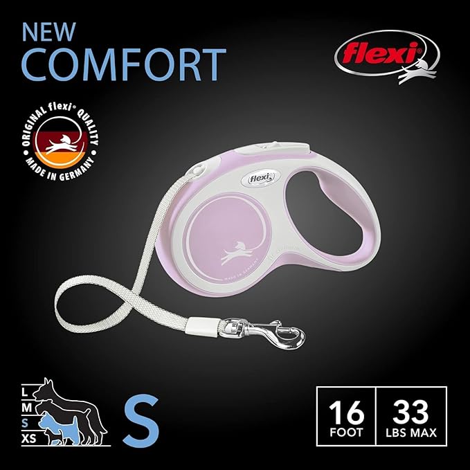 FLEXI New Comfort Retractable Dog Leash (Tape), Ergonomic, Durable and Tangle Free Pet Walking Leash for Dogs Up to 33 lbs, 16 ft, Small, Pink/Rose