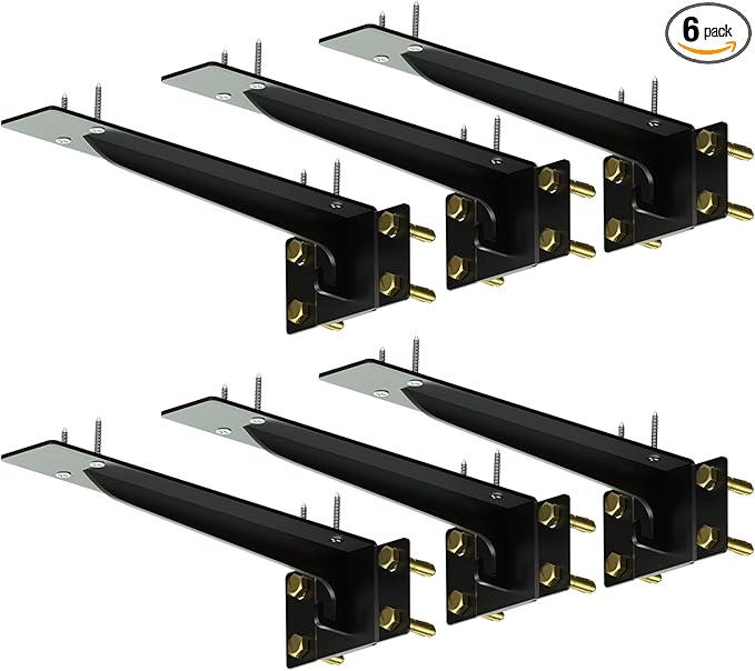 Heavy Duty Shelf Brackets 10 Inch, 1500 lbs Capacity, Hooks for Wall Mounted Shelves, L-Shaped Floating Shelf Brackets with Hanging (Black 6 Pack)