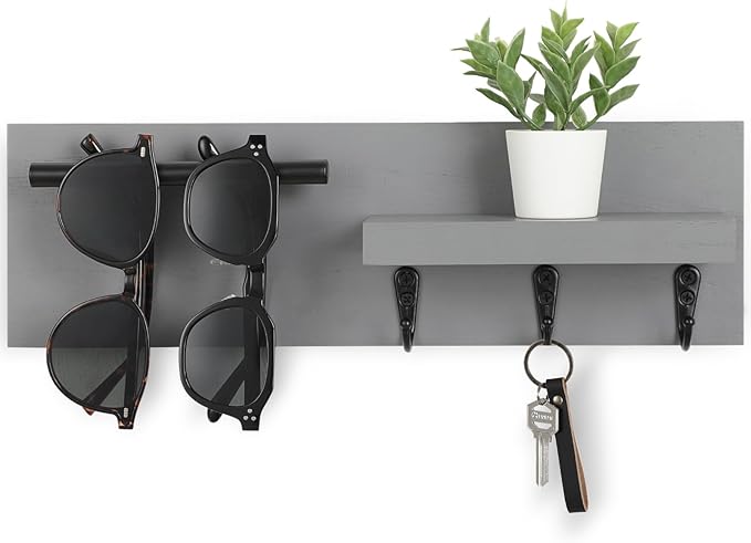 Lucundm Key Holder for Wall, Decorative Entryway Shelf with Hooks Holds Keys, Dog Leash, Sunglasses – Key Hanger with 3 Hooks Organizes, Enhances Home Decor (15” x 4.5” x 2.6”) (Grey)