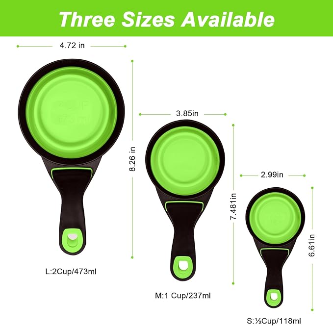 PNEUICALLY Collapsible Silicone Dog Food Scoop Foldable Pet Food Measuring Cup with Bag Clip 3 in 1 Multi-Function Silicone Dog Food Scooper (Green, Large)
