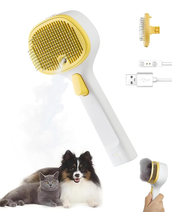 3-in-1 Anti-static Cat Steam Brush & Deshedding Tool - Cat Brush for Long/Short Hair, Reduces 95% Shedding, Easy Clean Grooming Supplies for Pet Owners (Yellow - Short Head)