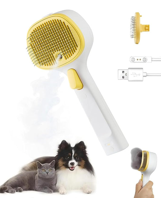 3-in-1 Anti-static Cat Steam Brush & Deshedding Tool - Cat Brush for Long/Short Hair, Reduces 95% Shedding, Easy Clean Grooming Supplies for Pet Owners (Yellow - Short Head)