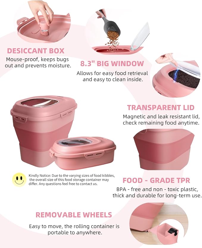 DDMOMMY 30-35 Lbs Dog Food Storage Container Collapsible Dog Food Container with Airtight Lids, Wheels, Scoop and 2pcs Food Storage Containers, Large Pet food storage for Dog, Cat (Pink)