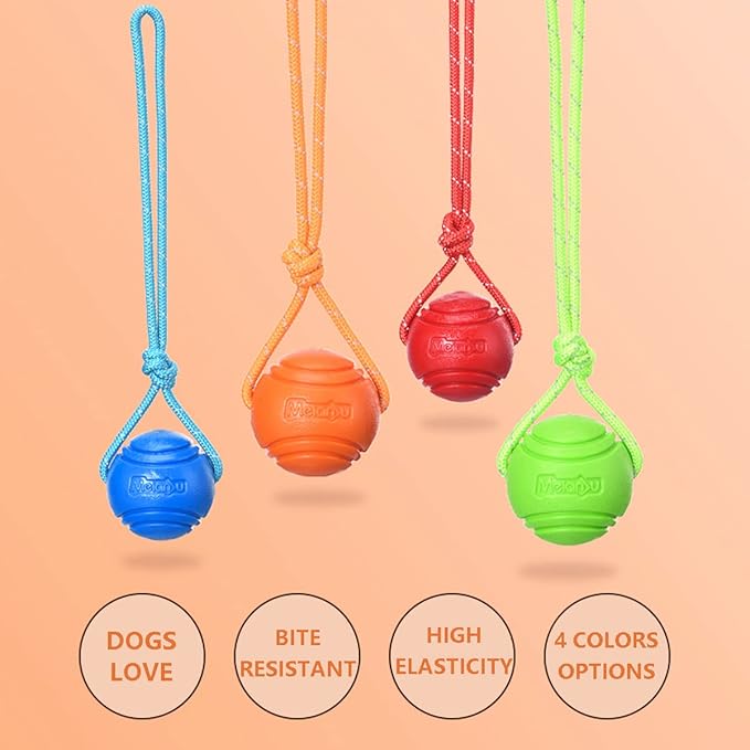 Dog Training Ball on A Rope Rubber Dog Rope Toys Ball with Handle for Tug of War K9 Training Rewards for Belgian Malinois Gifts, 6cm in Diameter for Medium Dogs 30-60 Lbs, Pack of 4