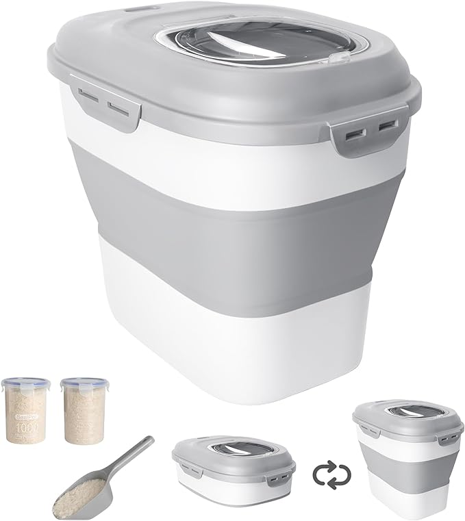 DDMOMMY 20-50 Lbs Food Storage Container With Wheel, Airtight Locking Lid, Collapsible Rice Container, Flour Storage With Small Container and Scoop, Suitable for Pet Food