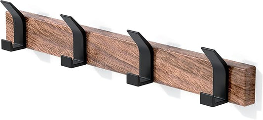 IURRDOP 17 Inch Black Walnut Wood Wall Mounted Coat Rack with 4 Black L Hooks, Adhesive Mounted Entryway Hooks, Modern Natural Wooden Pegs for Hanging Coat Clothes Hat Bag Purse Key and Towel