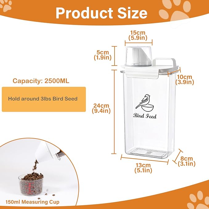 Brabtod Bird Seed Storage Container Airtight | 3 Qt/2.5 L Clear Plastic Bird Food Container Portable-with Measuring Cup/Lid|Pet Food Storage Container |Wild Bird Seed Dispenser|BPA Free