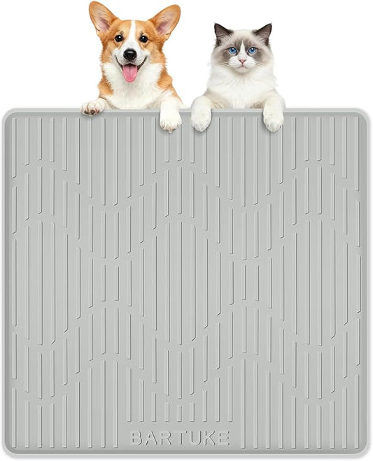 Silicone Cat & Dog Food Mat, 27" x 27" Large Pet Feeding Mat for Cats and Dogs Bowl, Pet Placemat for Food and Water with Raised Edge, Waterproof, Leakproof (Grey)