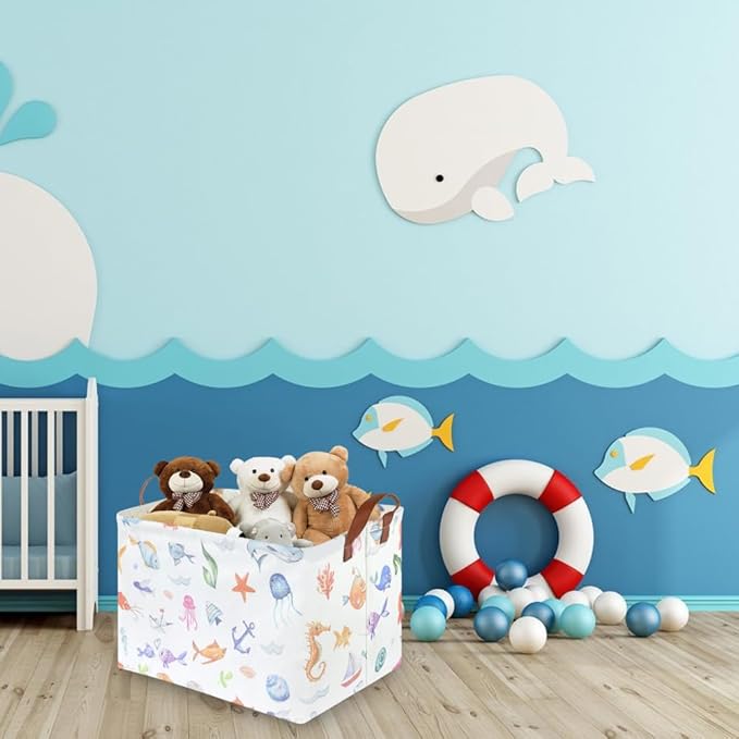 FXOCSHE Rectangle Fish Basket,Ocean Animals Waterproof Kids foldable Laundry Basket,Nursery Hamper,Boys and Girls Hamper,kids Room decor, kids toy organizer,Gift basket(Ocean Animals)