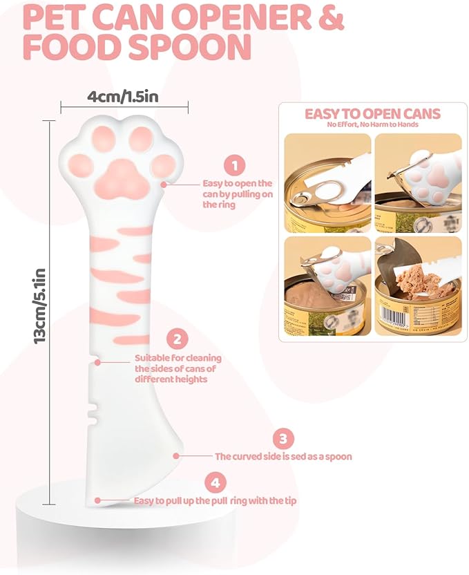 Aecsze 5 PCS Cat Food Can Covers Lids Set, Silicone Pet Food Can Lids with Multi-Function Cat Food Spoon and Opener, Cat Bar Squeezer, Stainless Steel Wet Food Spoon for Cats and Dogs (Pink)
