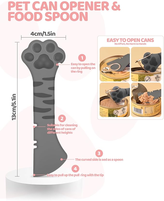 Aecsze 5 PCS Cat Food Can Covers Lids Set, Silicone Pet Food Can Lids with Multi-Function Cat Food Spoon and Opener, Cat Bar Squeezer, Stainless Steel Wet Food Spoon for Cats and Dogs (Grey)