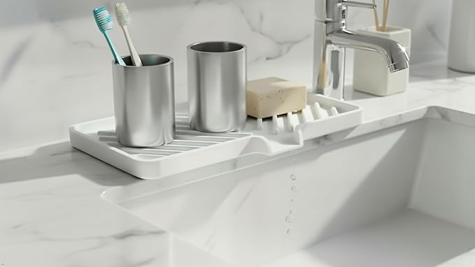 Happitasa Silicone Soap Dish Tray and Sponge Holder with Drain Chute and Feet | 3-Way Sloped Design | Bathroom and Kitchen Sink Organizer Caddy (Black, 10"x4")