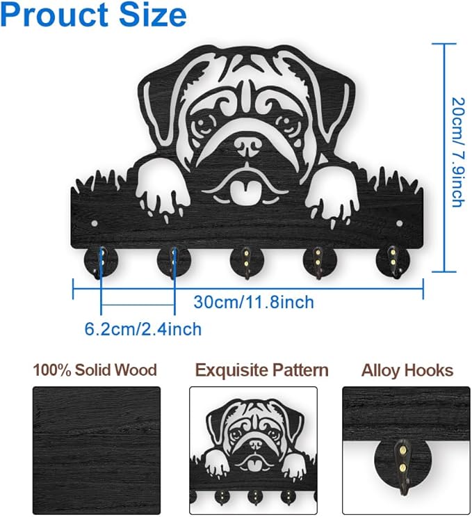MAYJOYDIY Wood Pug Dog Coat Rack Dog Pet Key Holder for Wall 11.8×7.9inch Animal Wall Hook Rustic Decorative Dog Hook 5 Alloy Hooks for Gift Dog Leash Entryway Living Room Farmhouse