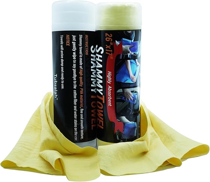 Tubsalah Premium Shammy Cloth for Car Drying - 2 Pack (26”x17”) - Super Absorbent Synthetic Chamois Bathroom,Pets, Dust Remove,- Reusable Non-Scratch Vehicle Dry Towel (Yellow)