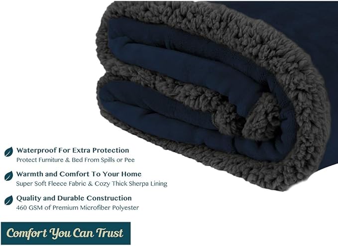 PAVILIA Waterproof Blanket for Couch, Sofa | Pet Protector for Large Dog, Puppy, Cat | Plush Soft Warm Fuzzy Sherpa Throw, Navy, 60x80