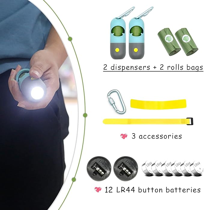 Morn Light 2 Pack Poop Bag Holder with Flashlight Waste Bag Dispenser for Leash with Clip and Battery Poop Bag Dispenser with Green Scented Poop Bags for Dog Walking(Blue,2 Dispenser 60 Bags)