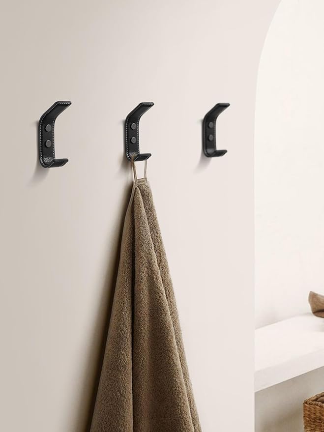 2 Pack Black Leather Coat 2 Hooks Wall for Hanging Rectangle Coat Hooks for Hanging Robe Towels Bags Hats Scarf Keys Clothes Suitable for Bedroom, Entryway and Closet
