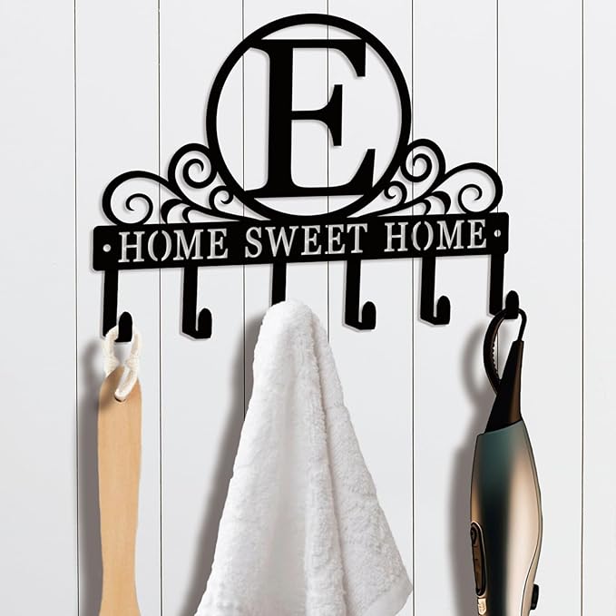 Metal Letter E Key Holder for Wall, Decorative Metal Key Holder Wall Mount, Key Hooks Coat Rack Monogram Wall Decor, Perfect for Bathroom, Living Room, Kitchen, Anniversary Housewarming Gift
