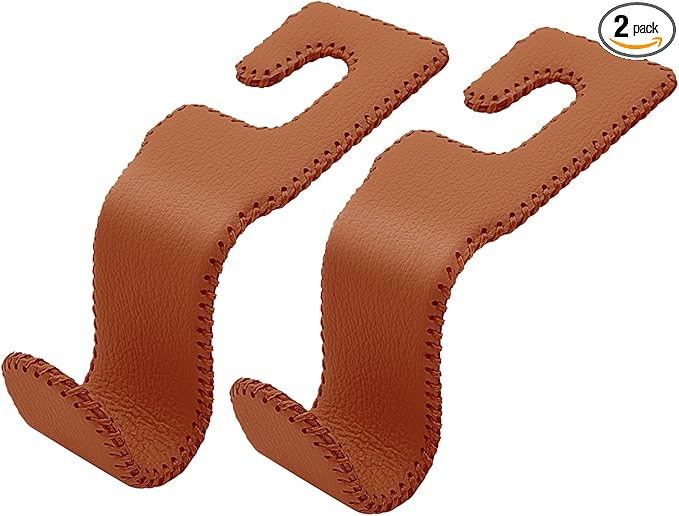 Leather-Wrapped Car Headrest Hooks & Seat Back Organizer - 2 Pack U-Shaped Car Purse Holder for Bags, Coats, Handcrafted Stitching, Flexible Car Accessories for Women (Brown)