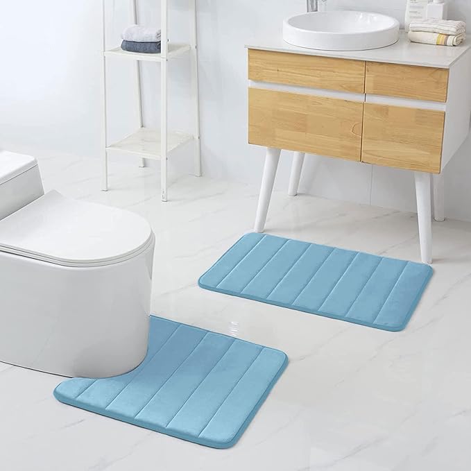 Buganda Memory Foam U-Shaped Contour Toilet Rugs, Non Slip Absorbent, Thick Soft Washable Bathroom Mat, Floor Carpet Bath Rugs Mat for Toilet Base (24" x 20", Blue)