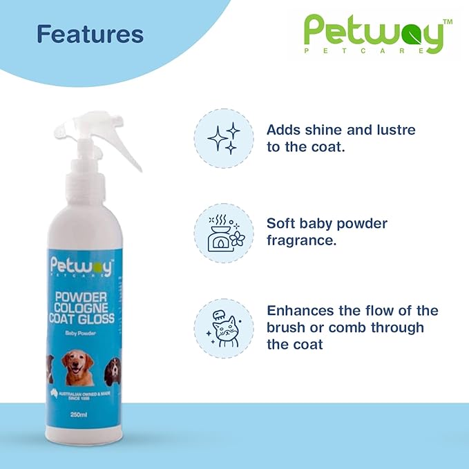 Petway Petcare Powder Cologne Coat Gloss – Natural Cosmetic Dog cologne spray, Dog Show Gloss with a Soft Baby Powder Fragrance, Pet Odour Eliminator and Dog Grooming Spray– 250ml