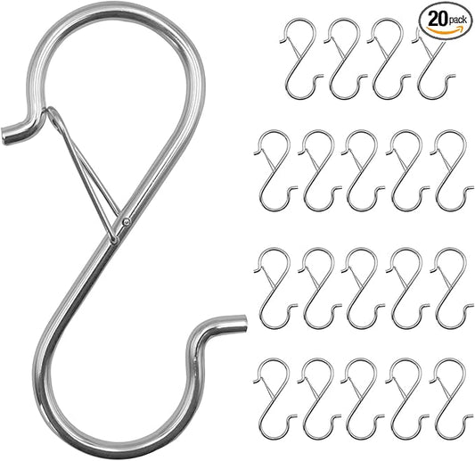 20PCS S Hooks for Hanging,3.5 Inch Heavy Duty Closet Hooks with Safety Buckle,Closet Hooks Hanging for Plants,Clothes,Kitchen Utensil,String Lights,Handbags,Belt, Hat, Cup, Tie (Silver)