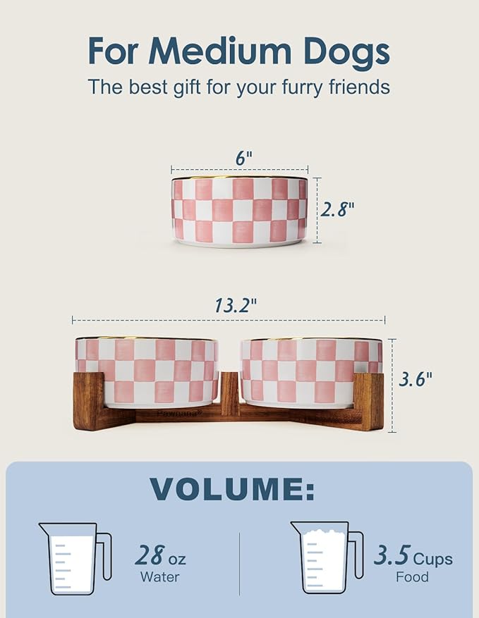 Ceramic Dog Bowls for Medium Dogs, 3.5 Cup Checkered Dog Food and Water Bowl with Acacia Wood Stand, Non-Slip Anti-Tip Elevated Feeding Station, Pink and White