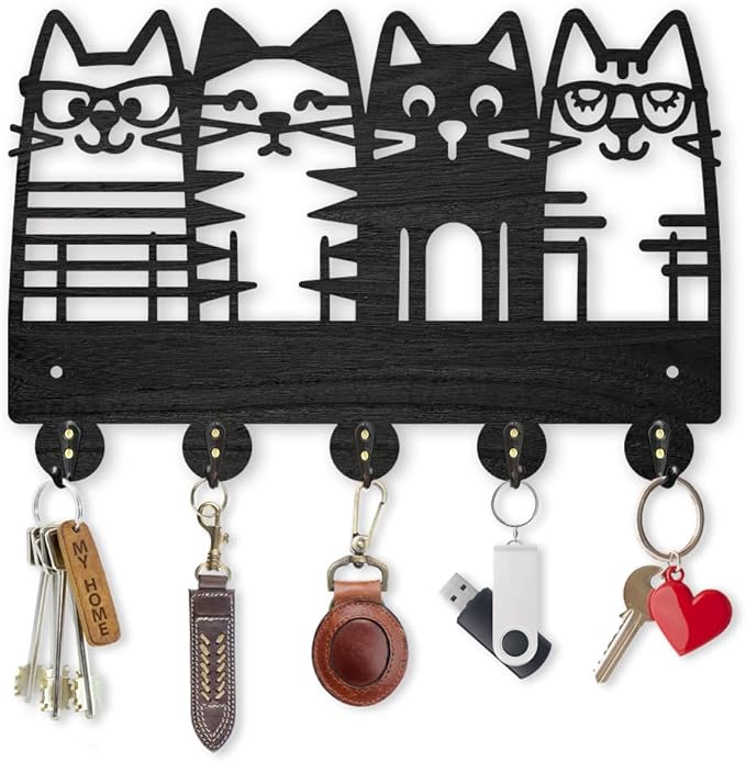 MAYJOYDIY Cat Coat Hooks Wall Mount 4 Cat Wearing Glasses Wood Key Holder for Wall 11.8×7.9inch Black Pet Animal Wall Art Decor Key Hooks 5 Alloy Hooks for Gift Entryway Living Room Kitchen Office