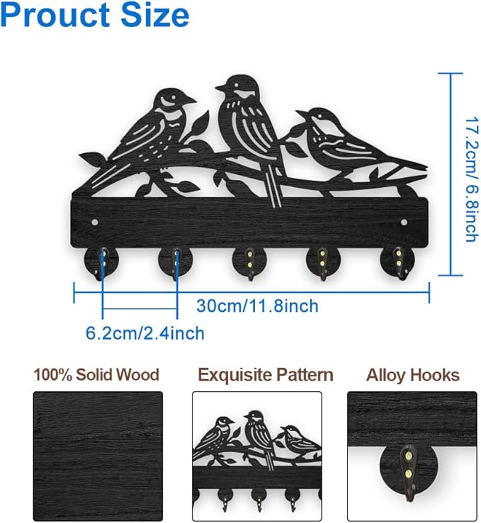 MAYJOYDIY Wooden Bird Branch Coat Hooks Wall Mount 11.8×6.8inch Tree Branch Key Holder for Wall Black Animal Garden Wall Art Decor Key Rack 5 Alloy Hooks for Gift Entryway Living Room Kitchen Office