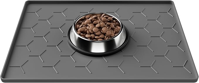 Pieviev Dog Cat Food Bowl Mat, Silicone Waterproof Food Grade Pet Food Mat for Floor, High Raised Edge to Prevent Spills, Non-Slip & Easy Clean Pet Placemat for Dog & Cat Bowls, 16''x12'', Dark Gray