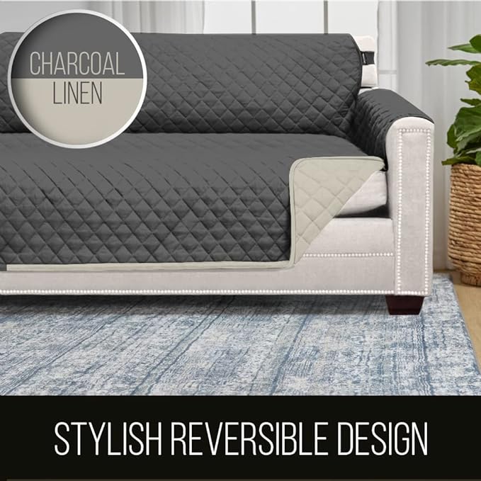 Sofa Shield Couch Slip Cover with Patented Strap, Cushion Protector, US Designed Reversible Stain and Dog Tear Resistant Slipcover, 70 inch Seat, Washable Covers for Dogs Pets Kids, Charcoal
