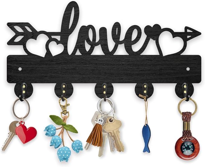 MAYJOYDIY Wood Love Heart Coat Hooks Wall Mount Love Arrow Key Holder for Wall 11.8×6inch Black Wall Art Decor Key Hooks 5 Alloy Hooks for Gift Entryway Living Room Kitchen Office