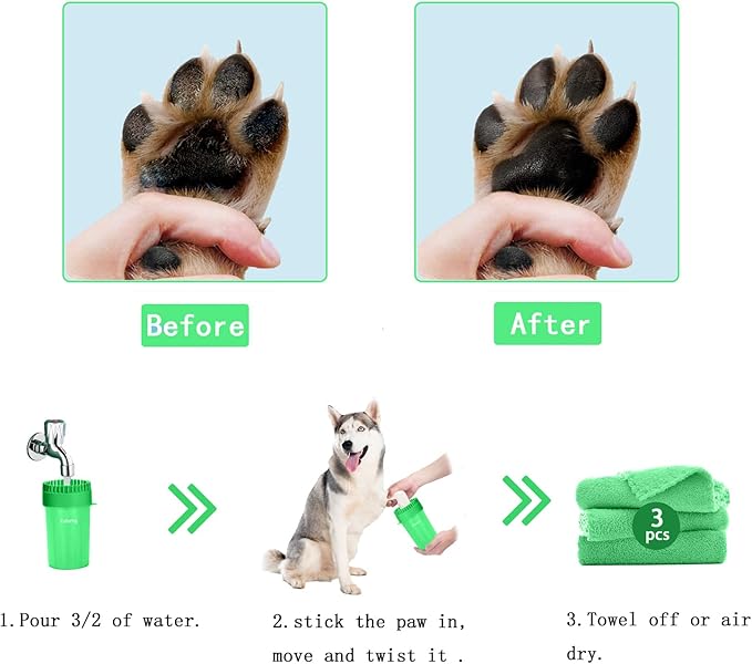Kabetig Dog Paw Cleaner for Meduim/Small Breed Dogs with 3Pcs Absorbent Towels & Graspable Dog Bath Brush (Green, Medium)